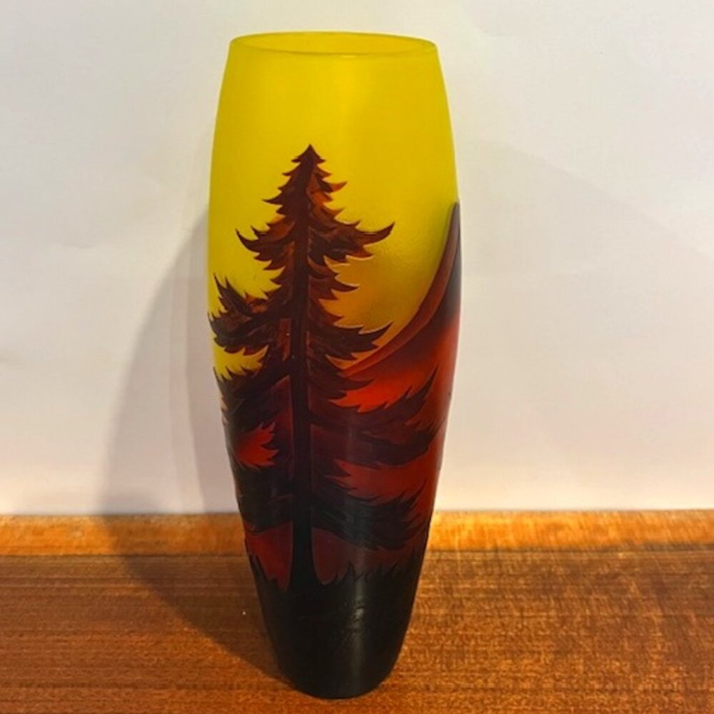 Yellow Cameo Glass Vase with Mountain Scene and Trees